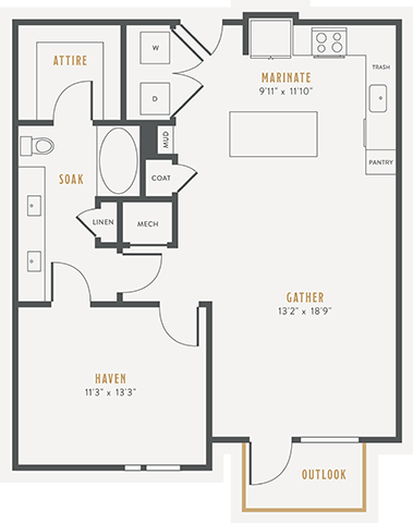 Floor plan for 1 bed, 1 bath, 885 sqft
