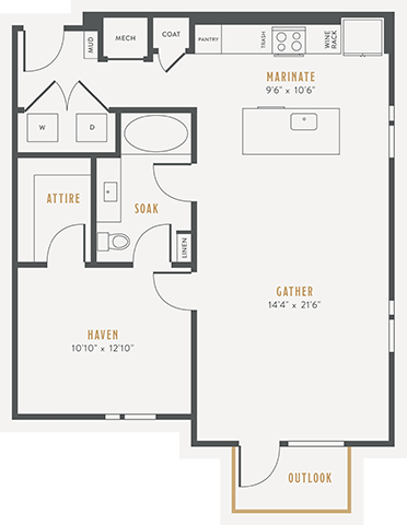Floor plan for 1 bed, 1 bath, 889 sqft