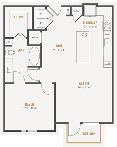 Floor plan for 1 bed, 1 bath, 898 sqft