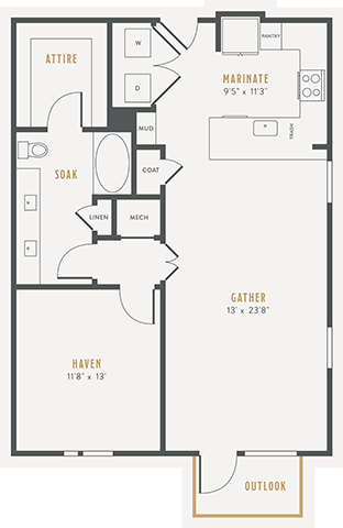 Floor plan for 1 bed, 1 bath, 925 sqft