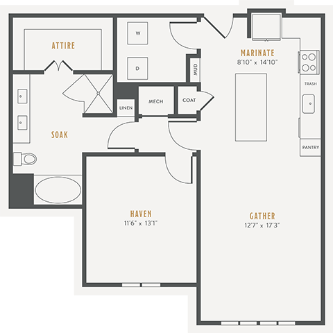Floor plan for 1 bed, 1 bath, 935 sqft