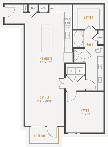 Floor plan for 1 bed, 1 bath, 971 sqft
