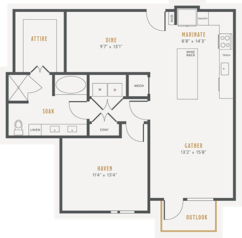 Floor plan for 1 bed, 1 bath, 1051 sqft