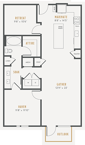 Floor plan for 1 bed, 1 bath, 1055 sqft