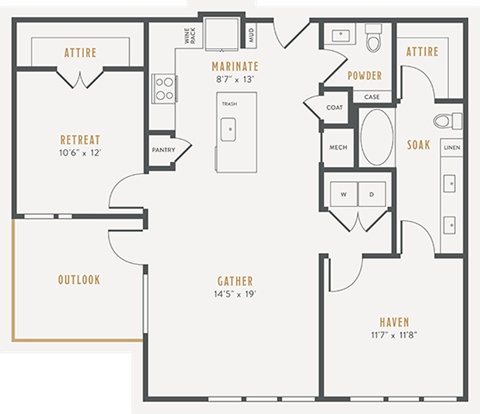 Floor plan for 1 bed, 1.5 baths, 1085 sqft