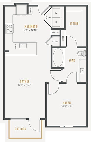 Floor plan for 1 bed, 1 bath, 733 sqft
