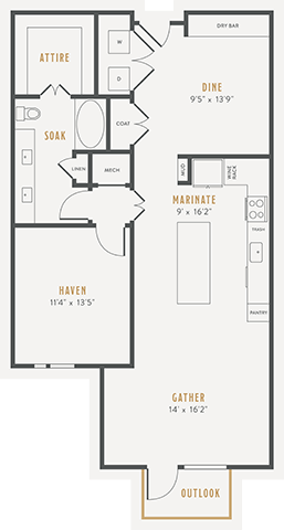 Floor plan for 1 bed, 1 bath, 1148 sqft