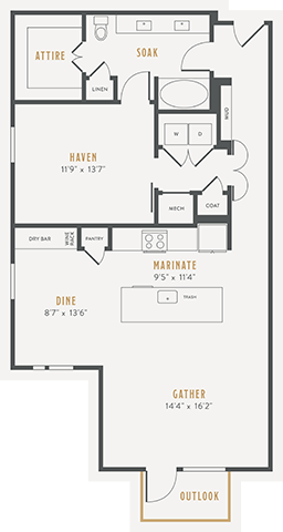 Floor plan for 1 bed, 1 bath, 1149 sqft
