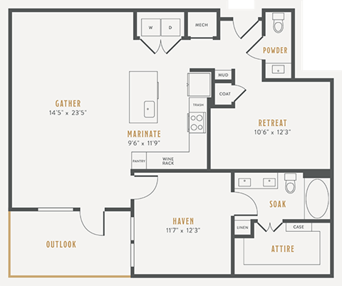 Floor plan for 1 bed, 1.5 baths, 1112 sqft