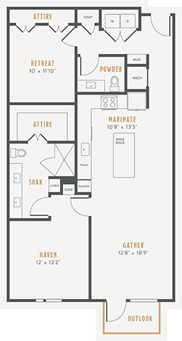 Floor plan for 1 bed, 1.5 baths, 1178 sqft