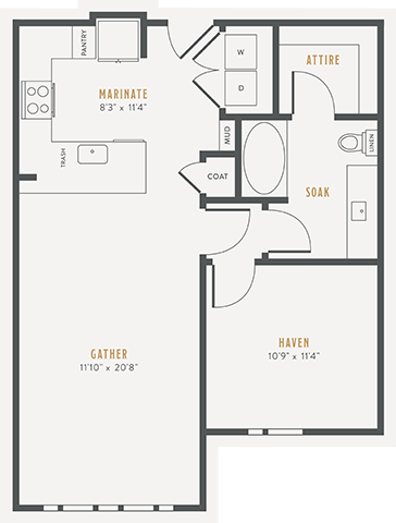 Floor plan for 1 bed, 1 bath, 740 sqft