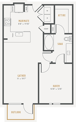 Floor plan for 1 bed, 1 bath, 748 sqft