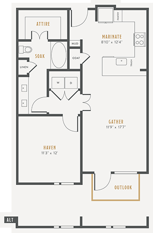 Floor plan for 1 bed, 1 bath, 774 sqft