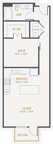 Floor plan for 1 bed, 1 bath, 783 sqft
