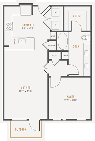 Floor plan for 1 bed, 1 bath, 790 sqft
