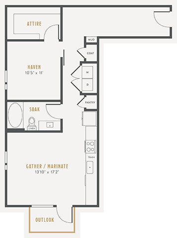 Floor plan for 1 bed, 1 bath, 807 sqft
