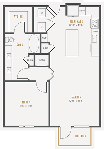 Floor plan for 1 bed, 1 bath, 820 sqft