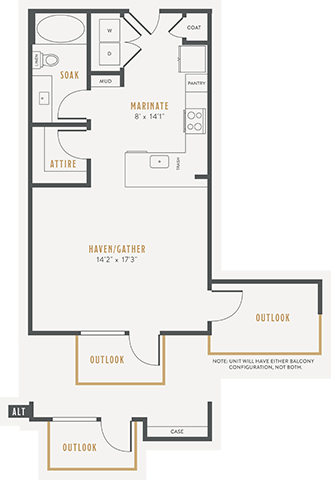 Floor plan for studio, 1 bath, 593 sqft