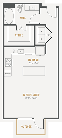 Floor plan for studio, 1 bath, 610 sqft