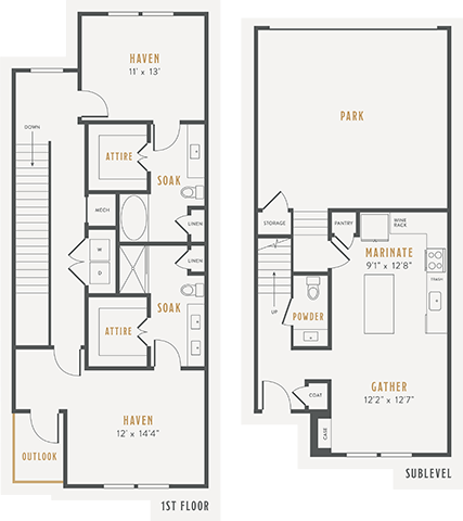 Floor plan for 2 beds, 2.5 baths, 1515 sqft