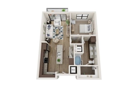 Floor plan for 1 bed, 1 bath, 707 sqft