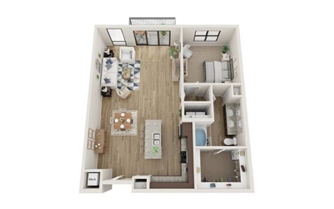 Floor plan for 1 bed, 1 bath, 1075 sqft
