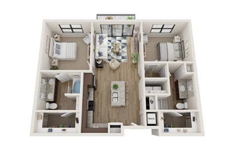 Floor plan for 2 beds, 2 baths, 979 sqft