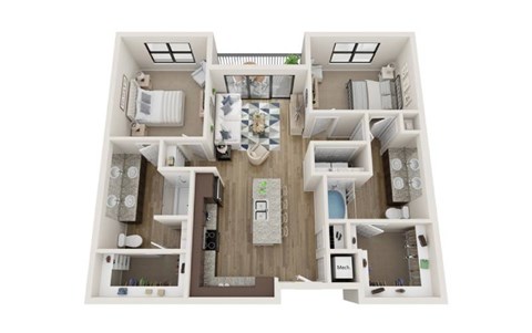 Floor plan for 2 beds, 2 baths, 1077 sqft