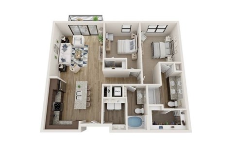 Floor plan for 2 beds, 2 baths, 1166 sqft
