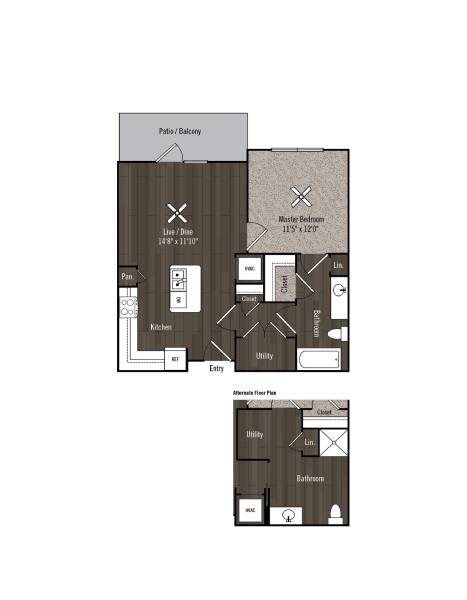 Floor plan for 1 bed, 1 bath, 675 sqft