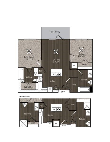 Floor plan for 2 beds, 2 baths, 875 sqft