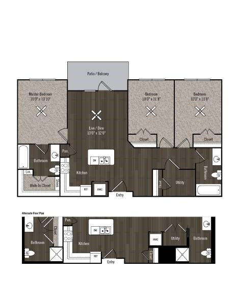 Floor plan for 3 beds, 2 baths, 1141 sqft