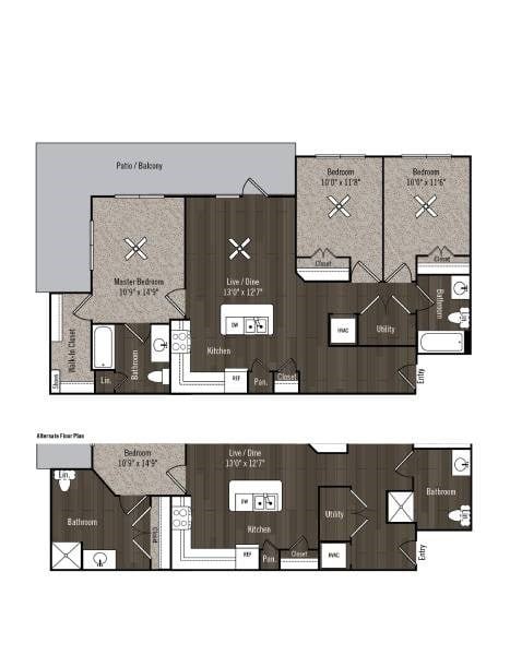 Floor plan for 3 beds, 2 baths, 1206 sqft
