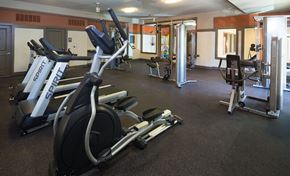 Dallas apartment for rent - A gym with a variety of equipment including treadmills, stationary bikes, and weight machines.