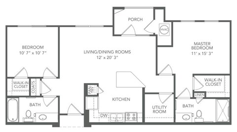 Floor plan for 2 beds, 2 baths, 984 sqft