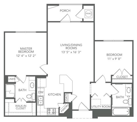 Floor plan for 2 beds, 2 baths, 925 sqft
