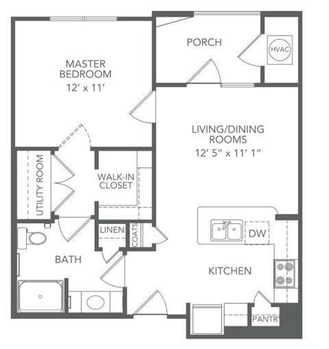 Floor plan for 1 bed, 1 bath, 610 sqft