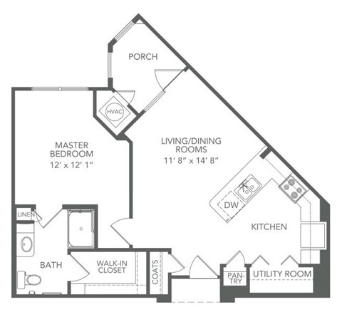 Floor plan for 1 bed, 1 bath, 649 sqft
