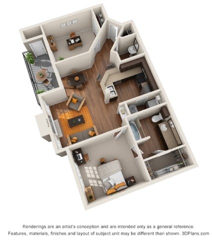Floor plan for 1 bed, 2 baths, 901 sqft
