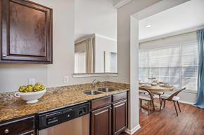 Grapevine apartment for rent - A kitchen with a black dishwasher and brown cabinets.