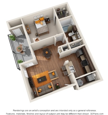 Floor plan for 1 bed, 1 bath, 651 sqft