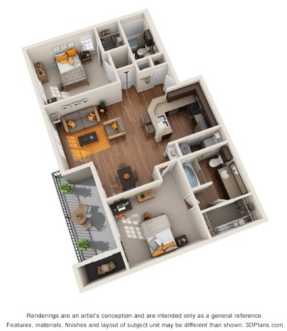 Floor plan for 2 beds, 2 baths, 1045 sqft