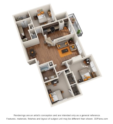 Floor plan for 3 beds, 2 baths, 1321 sqft
