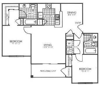 Floor plan for 2 beds, 2 baths, 860 sqft