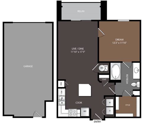 Floor plan for 1 bed, 1 bath, 741 sqft