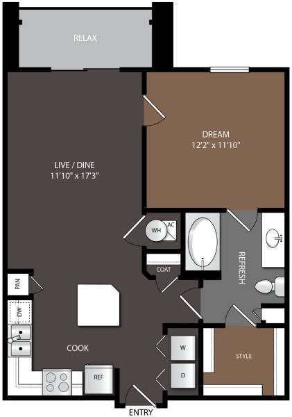 Floor plan for 1 bed, 1 bath, 741 sqft