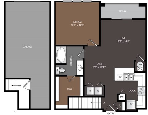 Floor plan for 1 bed, 1 bath, 772 sqft