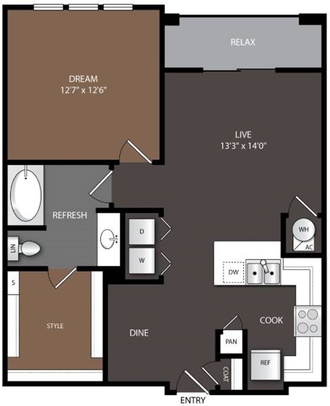 Floor plan for 1 bed, 1 bath, 802 sqft