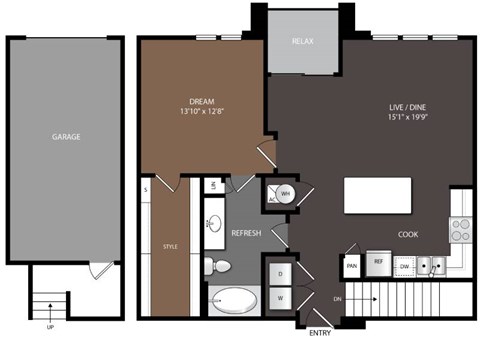 Floor plan for 1 bed, 1 bath, 871 sqft