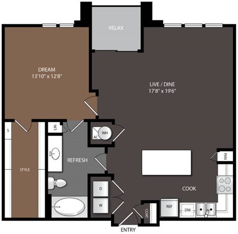 Floor plan for 1 bed, 1 bath, 899 sqft